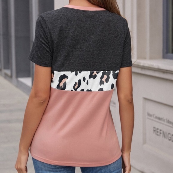 Boho Leopard Print Color Block Tee Top - Picture 7 of 10